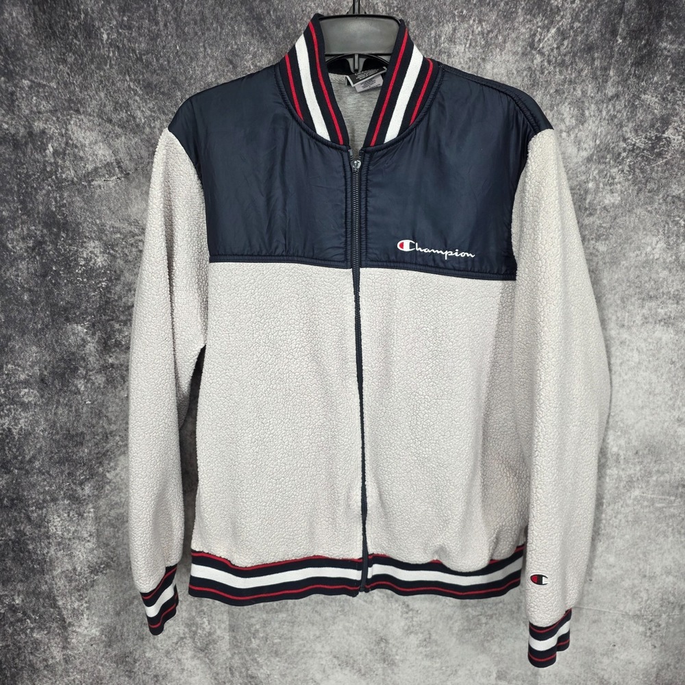 Champion Jacket Mens Large Off White Blue Fleece Baseball Jacket Pockets Zip